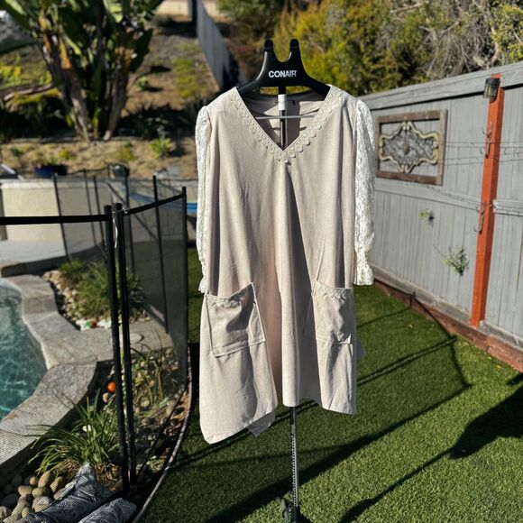 Origami boho lace sleeve pull over dress Nylon/spandex  Xl beige Cotagecore - Picture 1 of 13